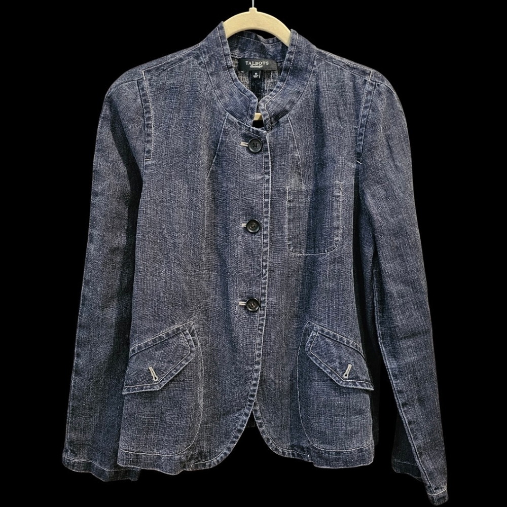 Talbots Dark Blue Linen Jacket with Button and Top Stitch Details